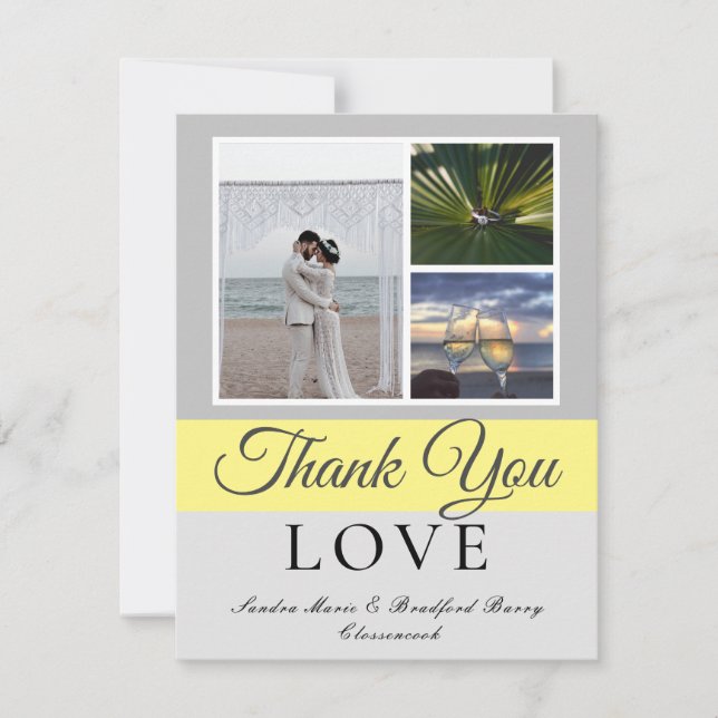 Carte De Remerciements Élégant Gris Jaune Script Mariage Photo collage (Devant)