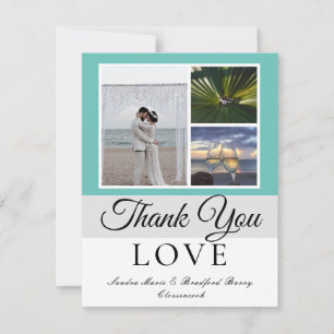 Carte De Remerciements Élégant Gris Turquoise Script Mariage Collage phot