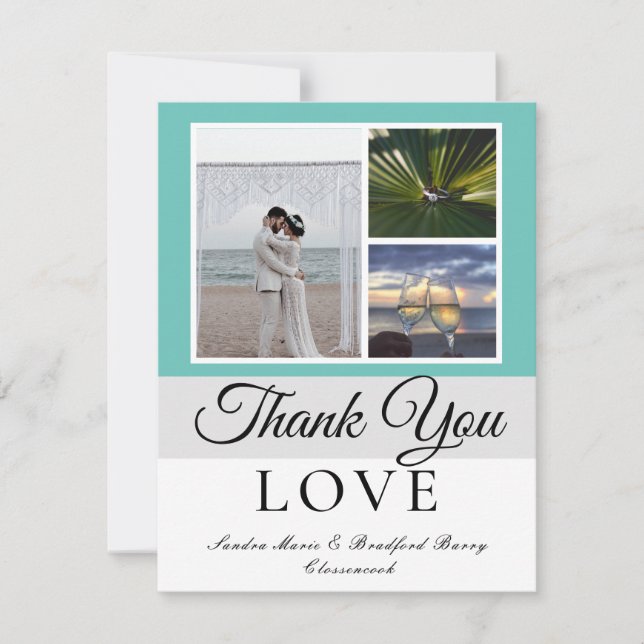 Carte De Remerciements Elégant Gris Turquoise Script Mariage Photo collag (Devant)
