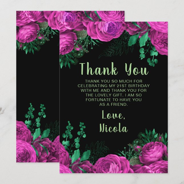 Carte De Remerciements Elegant Hot Pink Flowers Birthday Party (Devant / Derrière)
