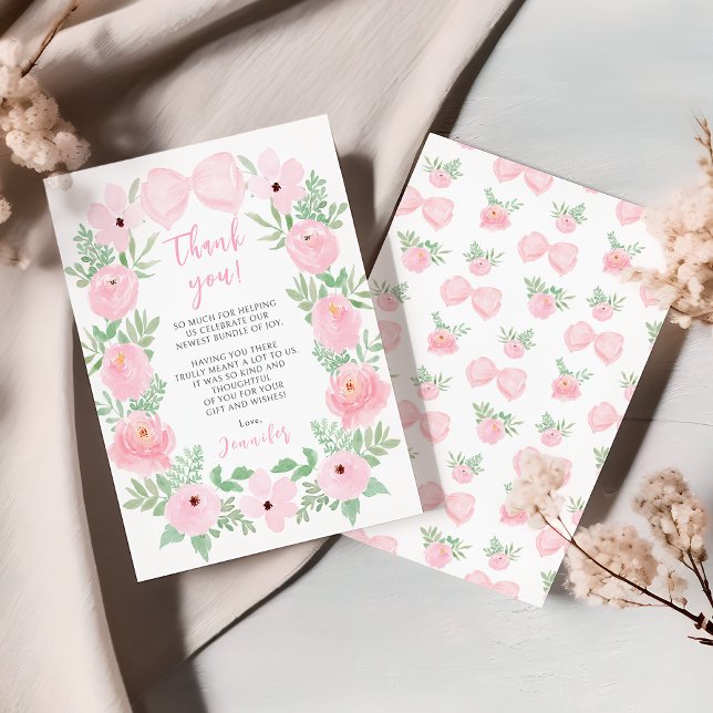 Carte De Remerciements Elégant joli arc rose fleuri bébé fille douche (Créateur téléchargé)