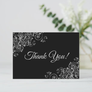 Carte De Remerciements Élégant Lacy Silver & Noir Simple Mariage