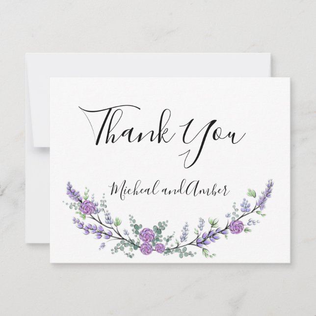 Carte De Remerciements Élégant Lavande Eucalyptus violet roses (Devant)
