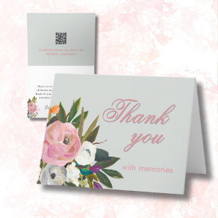 Carte De Remerciements Élégant lien photo florale 80e fête d'anniversaire