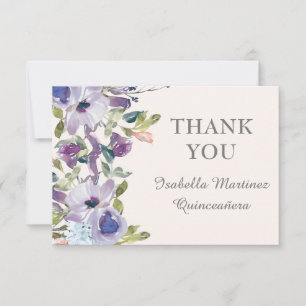 Carte De Remerciements Elégant Lilac bleu Floral Horizontal Quinceañera