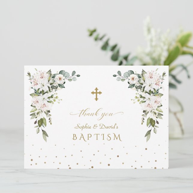 Carte De Remerciements Élégant Lys impériaux Rose Gold Twins Baptême (Debout devant)