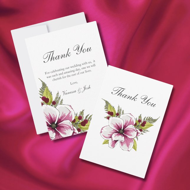 Carte De Remerciements Élégant Magenta White Florals Botaniques verts (Créateur téléchargé)