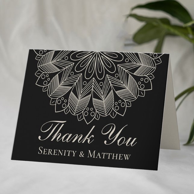 Carte De Remerciements Élégant Mandala Indien Henna Boho Mariage Noir (Créateur téléchargé)