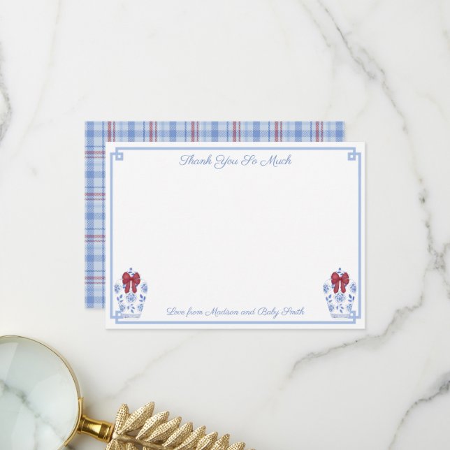 Carte De Remerciements Élégant Mariage Baby Shower Noël Rouge Blanc Bleu (Devant/Arrière en situation)