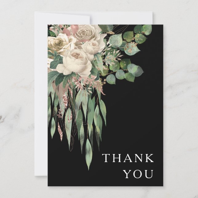 Carte De Remerciements Élégant Mariage Black Floral Peonies (Devant)