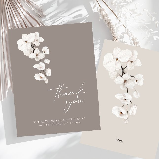 Carte De Remerciements Élégant Mariage blanc gris orchidée (Modern Gray White Orchids Wedding Thank You Card)