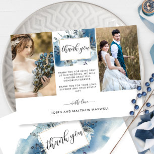 Carte De Remerciements Elégant mariage bleu aquarelle photo florale