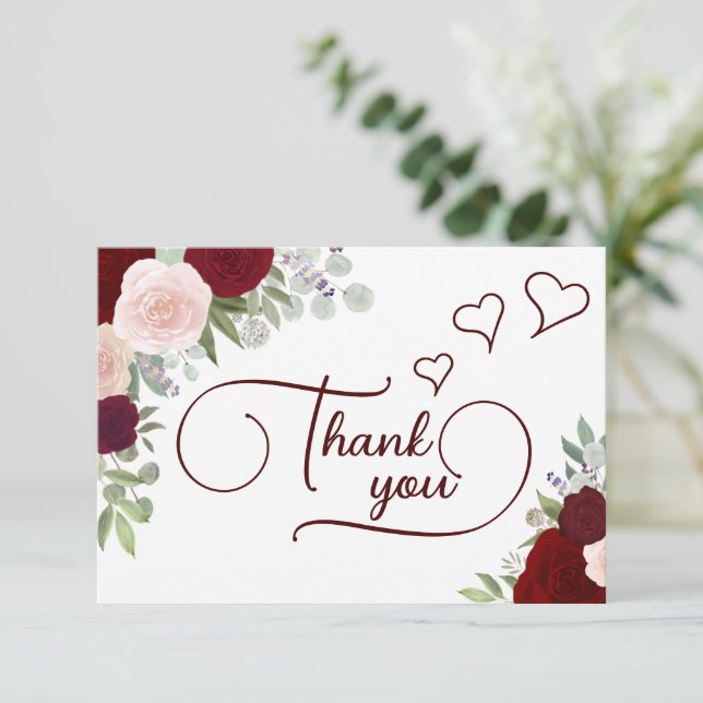Carte De Remerciements Élégant Mariage Bohème Roses Bourguignon et Rose P (Debout devant)