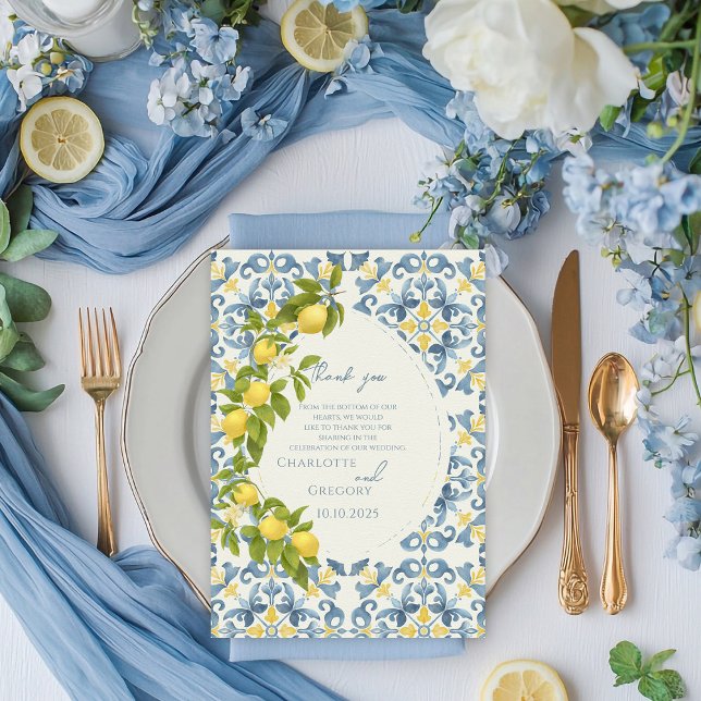Carte De Remerciements Élégant Mariage citron en carrelage bleu italien (Créateur téléchargé)