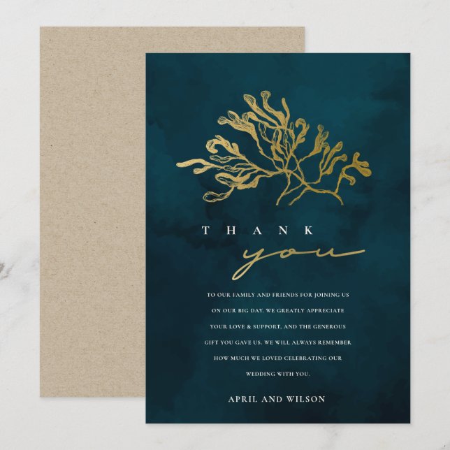 CARTE DE REMERCIEMENTS ÉLÉGANT MARIAGE D'ALGUES DE MER SOUS-MARINES GOLD  (Devant / Derrière)