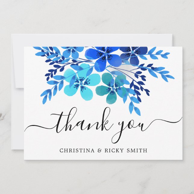 Carte De Remerciements Elégant Mariage d'aquarelle bleu (Devant)
