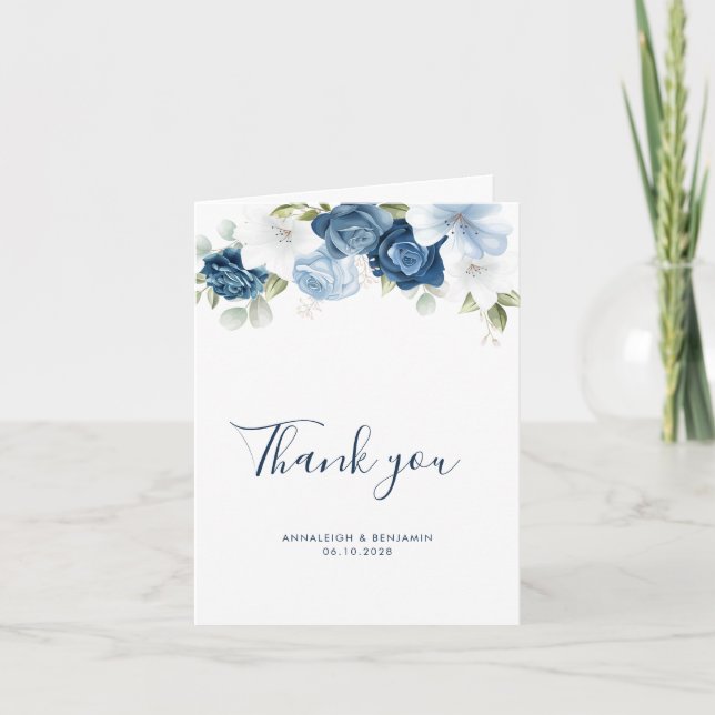 Carte De Remerciements Elégant Mariage d'aquarelle bleu-bleu-bleu (Devant)