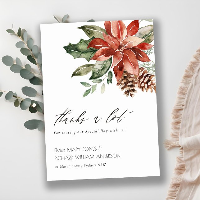 Carte De Remerciements Élégant Mariage d'aquarelle de pin de Poinsettia (Créateur téléchargé)