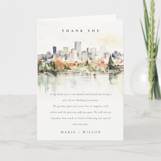 Carte De Remerciements Élégant Mariage d'aquarelle de Portland Oregon Sky (Devant)