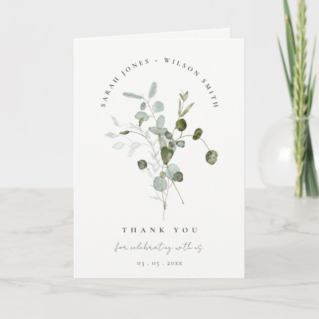 Carte De Remerciements Elégant Mariage d'aquarelle d'Eucalyptus Botanique (Devant)
