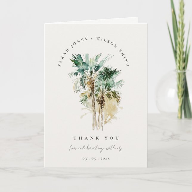 Carte De Remerciements Elégant Mariage d'aquarelle tropicale palmiers (Devant)