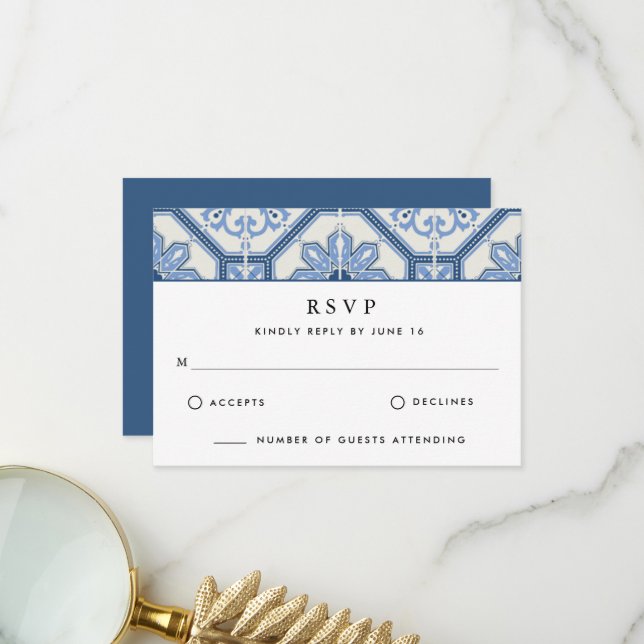 Carte De Remerciements Élégant Mariage de carrelage bleu grec (Devant/Arrière en situation)