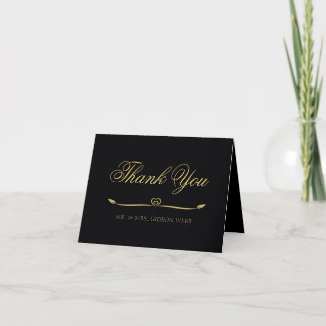 Carte De Remerciements Élégant Mariage de coeur noir et or (Devant)