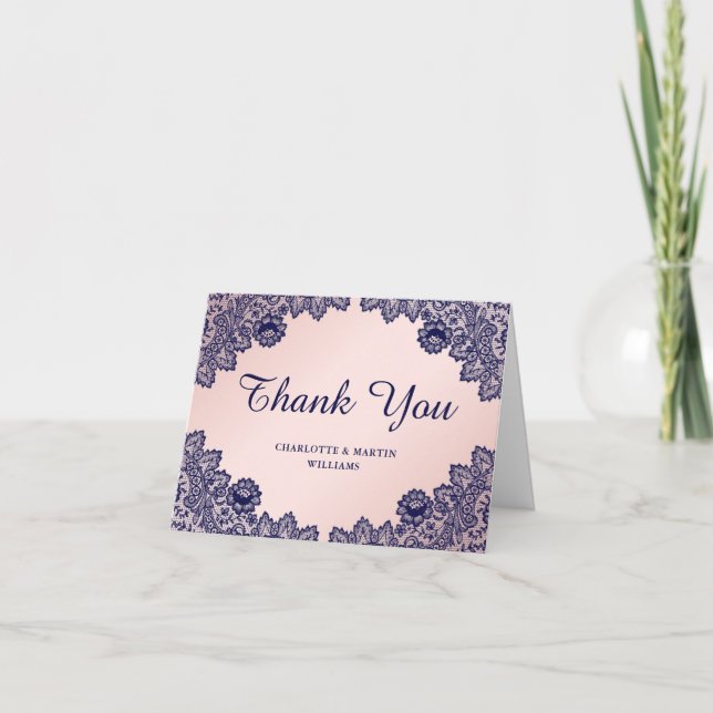 Carte De Remerciements Elégant Mariage de dentelle florale bleu bleu bleu (Devant)
