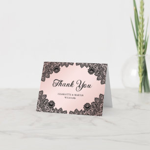 Carte De Remerciements Élégant Mariage de dentelle florale noir et rose