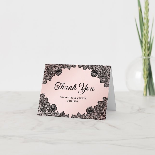 Carte De Remerciements Élégant Mariage de dentelle florale noir et rose (Devant)