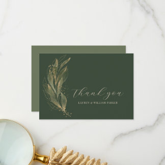 Carte De Remerciements Élégant Mariage de feuille d'or verte