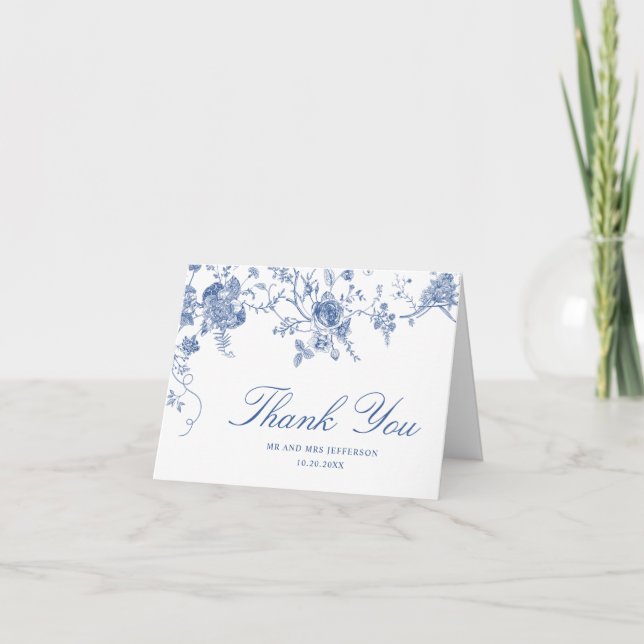 Carte De Remerciements Élégant Mariage de Floral Bleu Victorien Français (Devant)