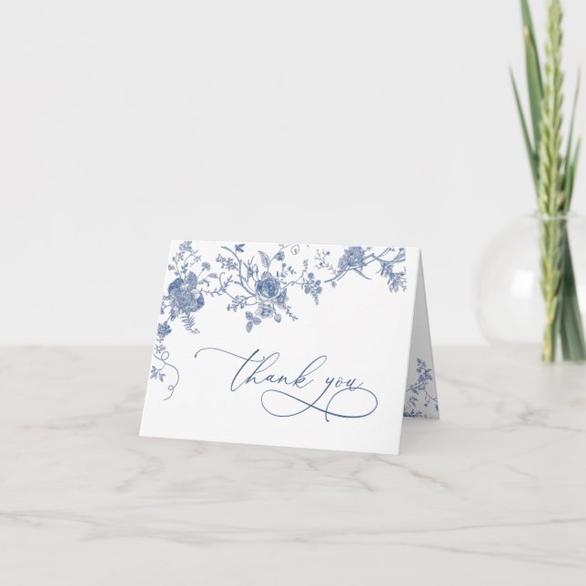 Carte De Remerciements Élégant Mariage de Floral Bleu Victorien Français (Devant)