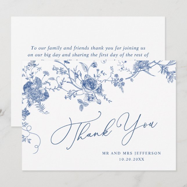 Carte De Remerciements Élégant Mariage de Floral Bleu Victorien Français (Devant / Derrière)