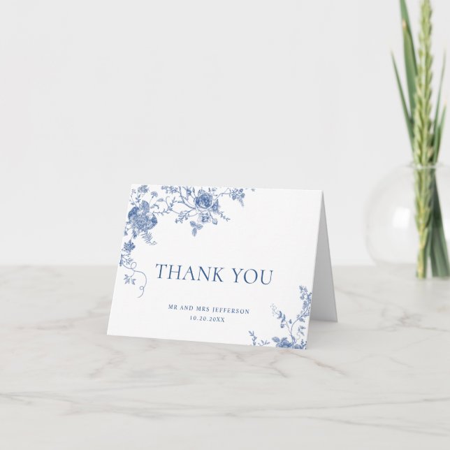 Carte De Remerciements Élégant Mariage de Floral Bleu Victorien Français (Devant)