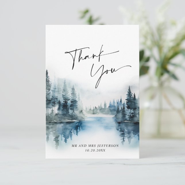 Carte De Remerciements Elégant Mariage de forêt de Foggy Aquarelle (Debout devant)