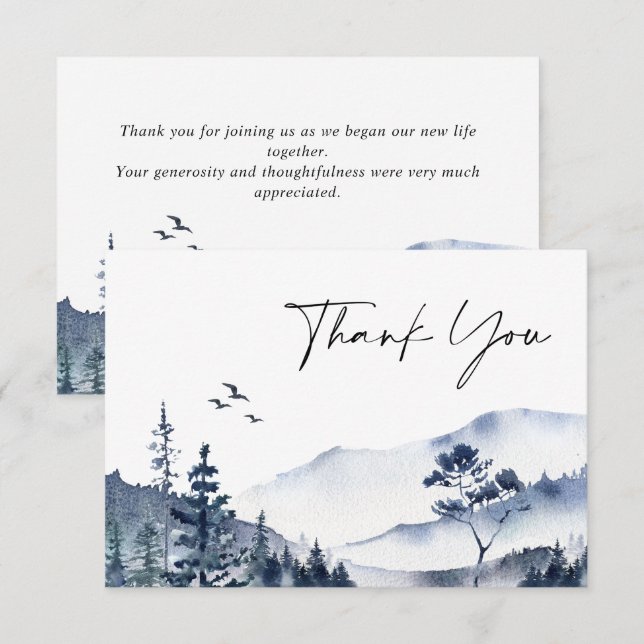 Carte De Remerciements Elégant Mariage de forêt de Foggy Aquarelle (Devant / Derrière)