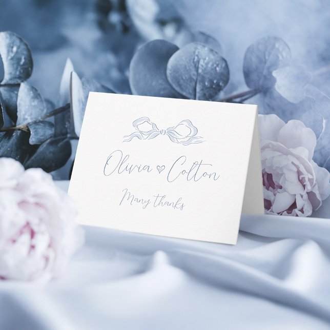 Carte De Remerciements Élégant Mariage de mâchoire bleu Dusty (Elegant Dusty Blue Hand Drawn Bow Wedding Thank You Card)