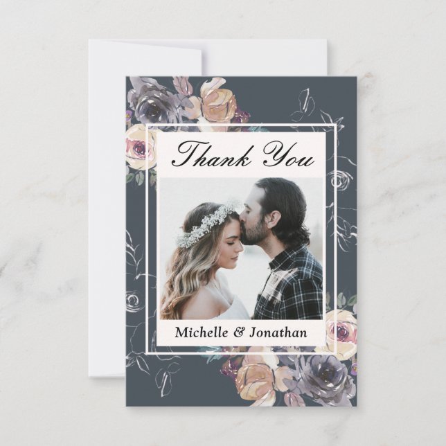 Carte De Remerciements Élégant Mariage de photo florale crème grise (Devant)