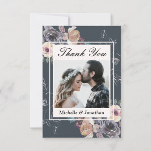 Carte De Remerciements Élégant Mariage de photo florale crème grise