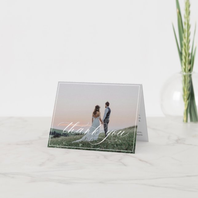 Carte De Remerciements Élégant Mariage de script blanc (Devant)