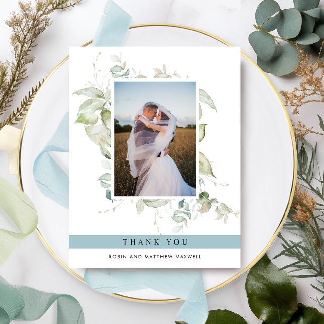 Carte De Remerciements Elégant Mariage de verdure photo, bleu bleu marine (Créateur téléchargé)
