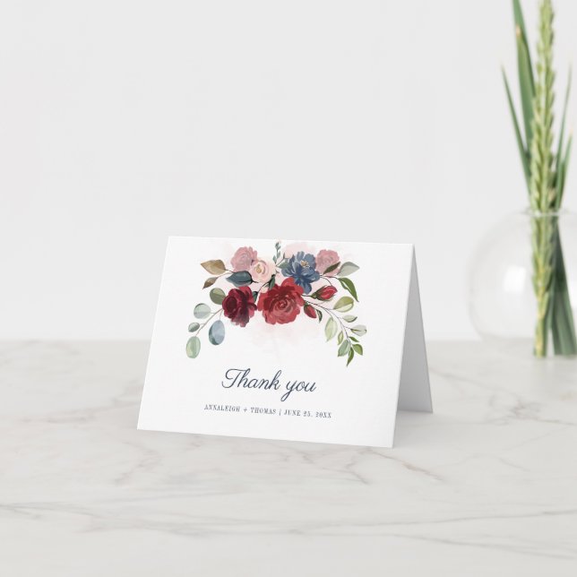 Carte De Remerciements Élégant Mariage d'Eucalyptus Bourgogne Florale (Devant)