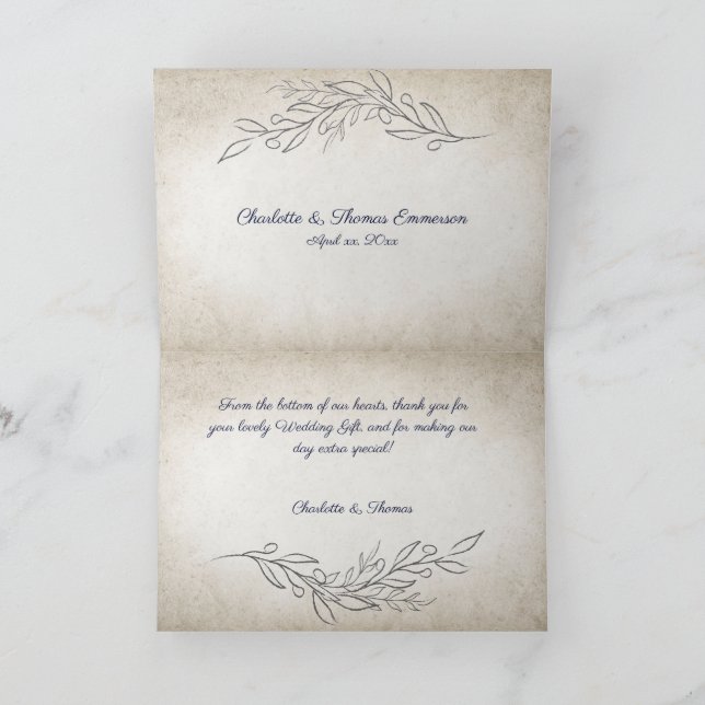 Carte De Remerciements Élégant Mariage Écriture Douce Feuilles (Intérieur)
