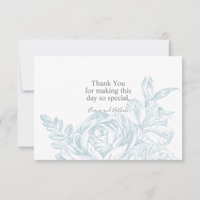 Carte De Remerciements Élégant Mariage floral bleu blanc (Devant)