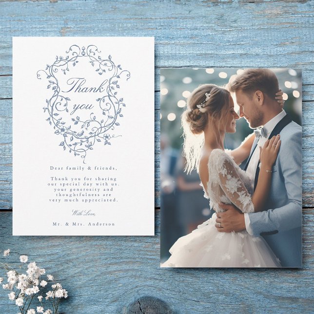Carte De Remerciements Élégant Mariage Floral Bleu Français Photo (Front & Back)
