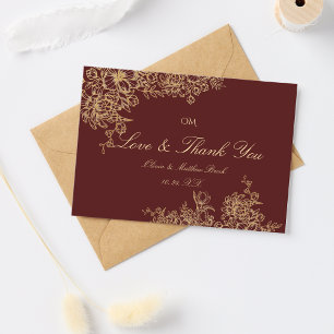 Carte De Remerciements Elégant Mariage Floral de Bourgogne & Jardin d'or