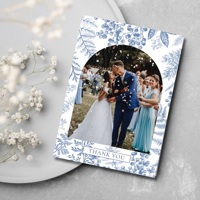 Carte De Remerciements Élégant Mariage Floral Fleur Bleue Française (Elegant French Blue Bloom Floral Wedding Thank You Card)