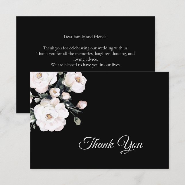 Carte De Remerciements Élégant Mariage floral noir blanc simple (Devant / Derrière)
