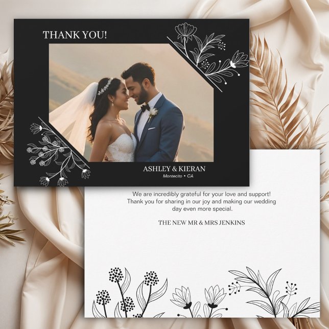 Carte De Remerciements Élégant Mariage floral noir et blanc (Créateur téléchargé)